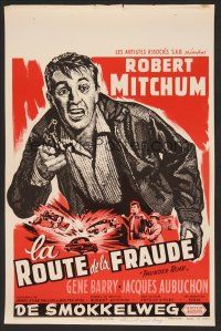9h516 THUNDER ROAD Belgian '58 great artwork of scared moonshiner Robert Mitchum pointing gun!