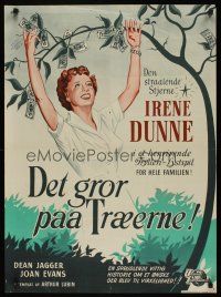 9h667 IT GROWS ON TREES Danish '52 Wenzel art of Irene Dunne picking money from tree!