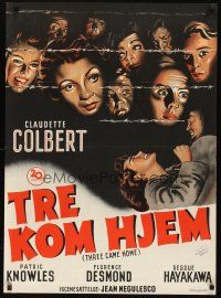 9h756 THREE CAME HOME Danish '50 art of Claudette Colbert & prison women without their men!