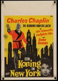 9h004 KING IN NEW YORK Dutch '57 artwork of Charlie Chaplin in front of skyline!
