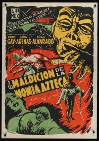 9h115 LA MALDICION DE LA MOMIA AZTECA Mexican export poster R60s Aztec mummy & masked wrestler art!