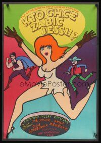 9h357 WHO WANTS TO KILL JESSIE? Polish 23x33 '66 colorful Flisak art of sexy woman in peril!