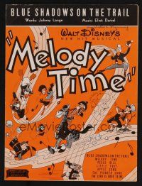 9p402 MELODY TIME sheet music '48 Walt Disney, cool cartoon art, Blue Shadows on the Trail!