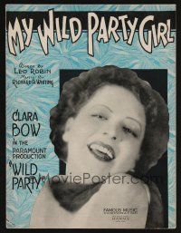 9p541 WILD PARTY sheet music '29 cool image of Clara Bow, My Wild Party Girl!
