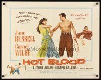 9s530 HOT BLOOD style A 1/2sh '56 great image of barechested Cornel Wilde grabbing Jane Russell!