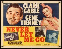 9s638 NEVER LET ME GO style B 1/2sh '53 close up art of Clark Gable & sexy Gene Tierney!
