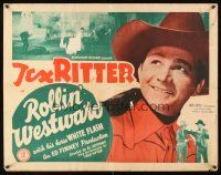 9s723 ROLLIN' WESTWARD 1/2sh '39 close up of smiling Tex Ritter & w/gun on bad guy!