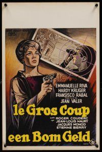 9t635 LE GROS COUP Belgian '64 cool artwork of Emmanuelle Riva with pistol!