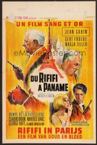 9t782 UPPER HAND Belgian '67 cool art of Jean Gabin with gun & boxer dog by Eiffel Tower!