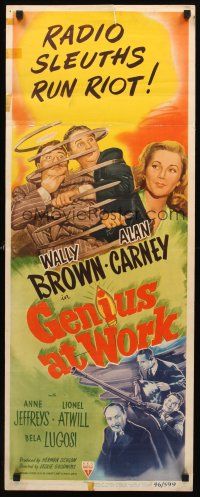9t156 GENIUS AT WORK insert '46 art of Bela Lugosi with axe, Brown & Carney are radio sleuths!