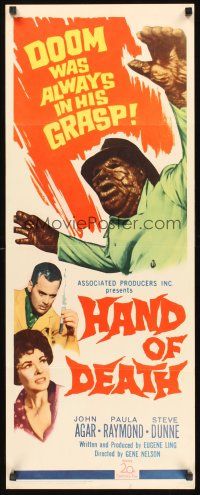 9t184 HAND OF DEATH insert '62 great image of cheesy monster, doom was always in his grasp!