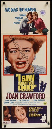 9t211 I SAW WHAT YOU DID insert '65 Joan Crawford, William Castle, you may be the next target!