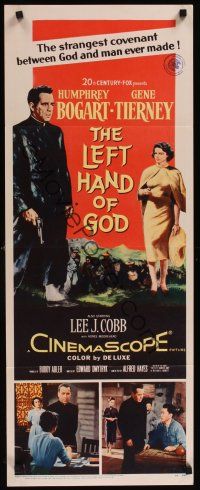 9t253 LEFT HAND OF GOD insert '55 art of priest Humphrey Bogart holding gun + sexy Gene Tierney!
