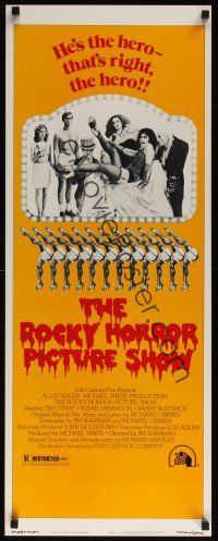 9t361 ROCKY HORROR PICTURE SHOW orange insert '75 wacky image of 'the hero' Tim Curry & cast!