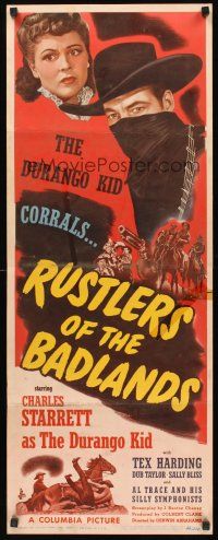 9t367 RUSTLERS OF THE BAD LANDS insert '44 cool cowboy art of Charles Starrett as The Durango Kid!