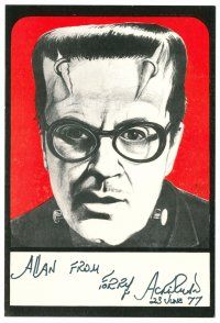 9w237 FORREST J. ACKERMAN signed 4.5x6.5 card '77 greatest horror fan as Frankenstein by Nelson!