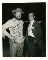 9w110 CHARLTON HESTON signed deluxe 8x10 still '50s in suit wearing a tin star next to bearded man!