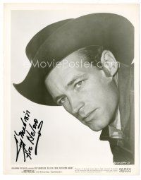 9w125 GUY MADISON signed 8x10 still '56 extreme close up in cowboy hat from Reprisal!
