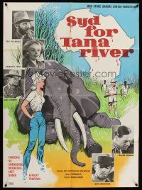 9x617 SOUTH OF TANA RIVER Danish '63 Syd for Tana River, art of elephant & hunters!