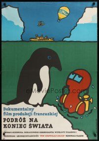 9y345 VOYAGE TO THE EDGE OF THE WORLD Polish 27x38 '79 art of scuba diver & penguin by Mlodozeniec!