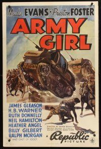 1a046 ARMY GIRL style A 1sh '38 Madge Evans in the military, awesome art of tanks charging w/horses!