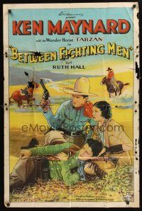 1a067 BETWEEN FIGHTING MEN 1sh '32 great art of cowboy Ken Maynard with smoking gun, Ruth Hall!