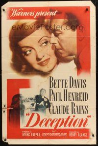 1a226 DECEPTION 1sh '46 great close-up of Bette Davis, Paul Henreid, Claude Rains