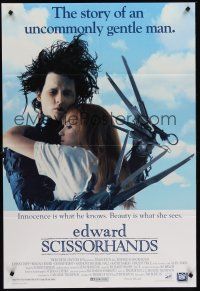 1a269 EDWARD SCISSORHANDS int'l DS 1sh '90 Tim Burton classic, best close up of scarred Johnny Depp!