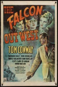 1a290 FALCON OUT WEST style A 1sh '44 great art of Tom Conway as The Falcon w/pretty women!