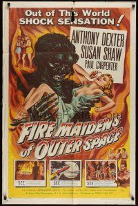 1a307 FIRE MAIDENS OF OUTER SPACE 1sh '56 great art of monster holding sexy babe by Kallis!