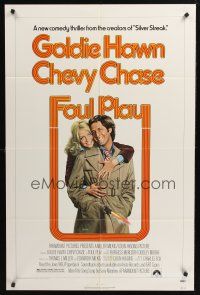 1a325 FOUL PLAY 1sh '78 wacky Lettick art of Goldie Hawn & Chevy Chase, screwball comedy!