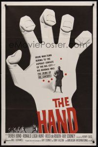 1a398 HAND 1sh '61 cool artwork of giant hand reaching for man in trench coat with gun!