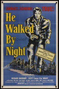 1a408 HE WALKED BY NIGHT 1sh '48 cool artwork of Richard Basehart looming over Los Angeles!