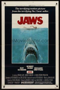 1a517 JAWS 1sh '75 art of Steven Spielberg's classic man-eating shark attacking sexy swimmer!