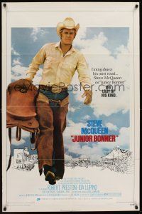 1a531 JUNIOR BONNER 1sh '72 full-length rodeo cowboy Steve McQueen carrying saddle!