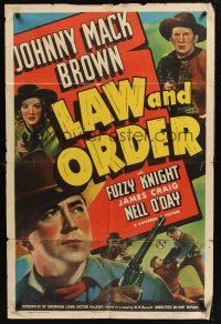 1a554 LAW & ORDER 1sh '40 Johnny Mack Brown, Fuzzy Knight, western action art!