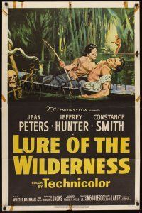 1a580 LURE OF THE WILDERNESS 1sh '52 art of sexy Jean Peters holding wounded Jeff Hunter in swamp!