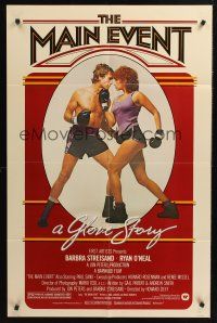 1a592 MAIN EVENT 1sh '79 great full-length image of Barbra Streisand boxing with Ryan O'Neal!