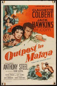 1a681 OUTPOST IN MALAYA 1sh '52 Claudette Colbert, Jack Hawkins, today's BIG adventure story!
