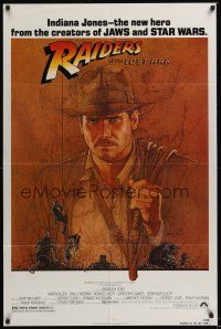 1a723 RAIDERS OF THE LOST ARK 1sh '81 great art of adventurer Harrison Ford by Richard Amsel!