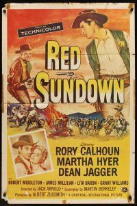 1a734 RED SUNDOWN 1sh '56 great western art of Rory Calhoun, Martha Hyer & Dean Jagger!