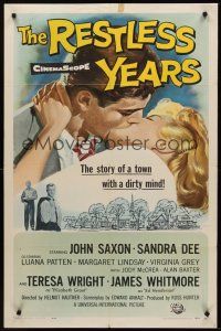 1a737 RESTLESS YEARS 1sh '58 John Saxon & Sandra Dee are condemned by a town with a dirty mind!