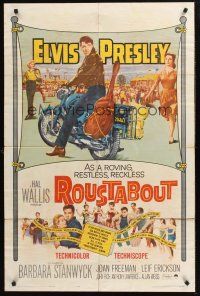 1a754 ROUSTABOUT 1sh '64 roving, restless, reckless Elvis Presley on motorcycle with guitar!