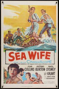 1a770 SEA WIFE 1sh '57 great castaway art of sexy Joan Collins & Richard Burton on raft at sea!