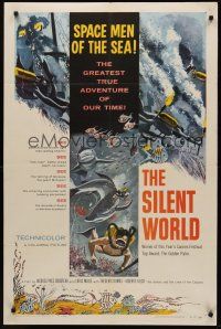 1a796 SILENT WORLD 1sh '56 Jacques Cousteau, Louis Malle, cool underwater artwork!