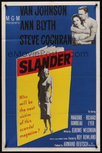 1a805 SLANDER 1sh '57 will Van Johnson & Ann Blyth be the victim of a slanderous sex magazine!