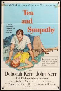 1a876 TEA & SYMPATHY 1sh '56 great artwork of Deborah Kerr & John Kerr by Gale, classic tagline!