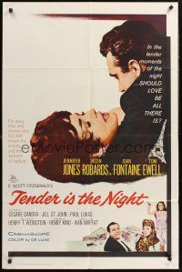 1a884 TENDER IS THE NIGHT 1sh '61 romantic close up of Jennifer Jones & Jason Robards Jr.!