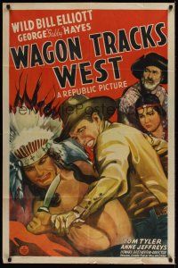 1a957 WAGON TRACKS WEST 1sh '43 cool artwork of Wild Bill Elliot vs. Indian, Gabby Hayes!