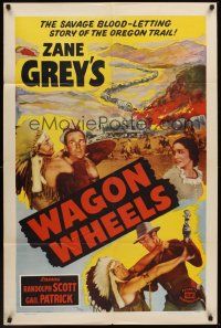 1a958 WAGON WHEELS 1sh R51 Randolph Scott, Gail Patrick, Zane Grey's story of the Oregon Trail!